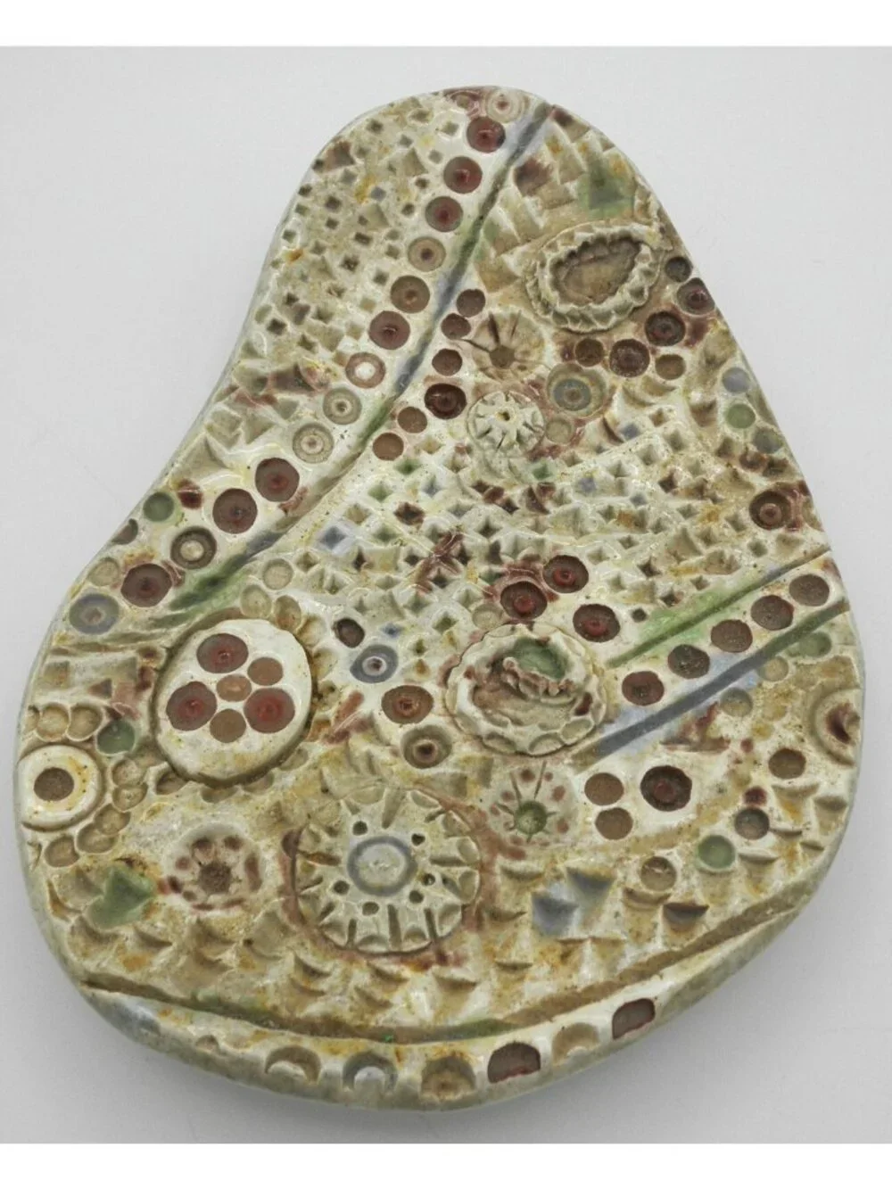 Art Pottery  Spoon Rest Trinket Dish Abstract Textured Footed Earth-tone Colors